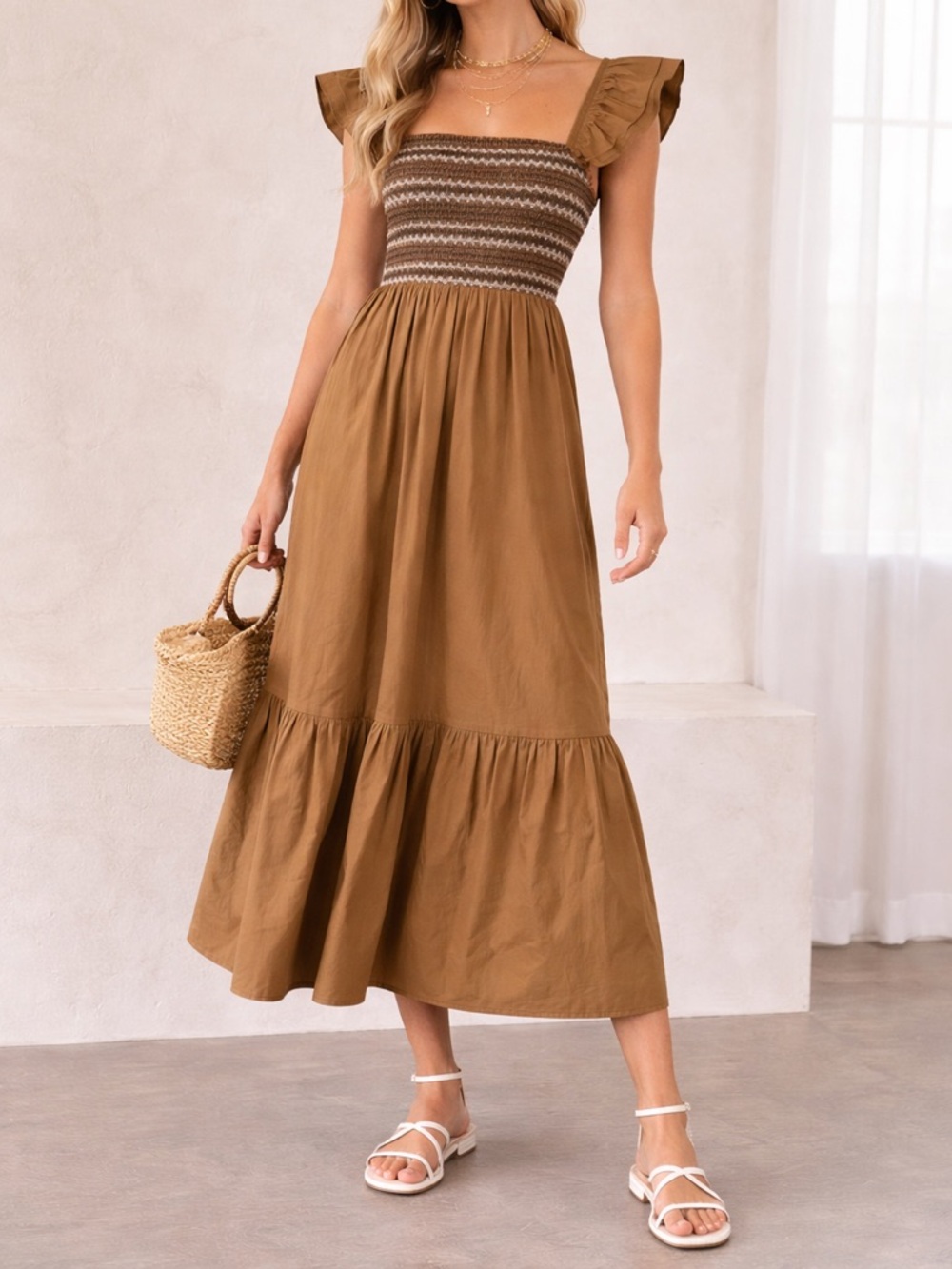 Moon River Smocked Midi Dress Size S Brown Ruffle Strap Cottagecore Romantic - Picture 1 of 7